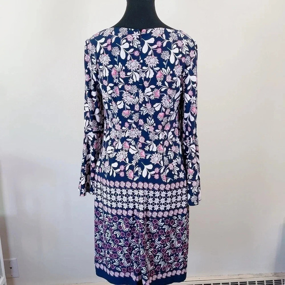Eliza J Boat Neck Bell Sleeve Floral Navy Shift Dress - Picture 4 of 12